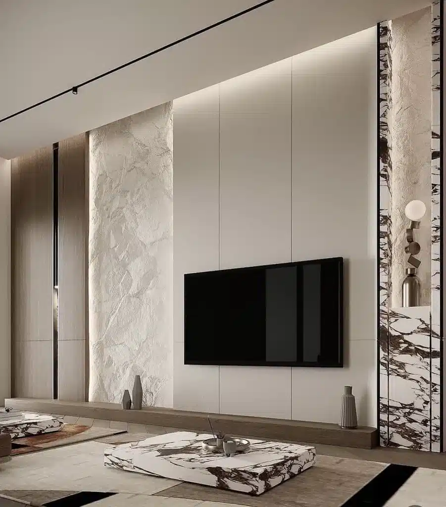 Modern-tvwall-with-stone-decozone طراحی و اجرای تی وی وال لوکس با دکوزون