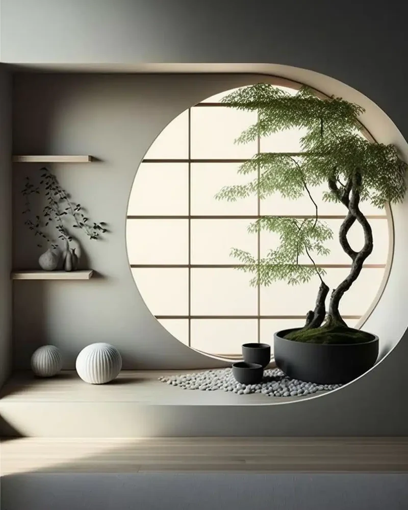 دیوار شاخص با حس آرامش و متریال مینیمال و درختچه